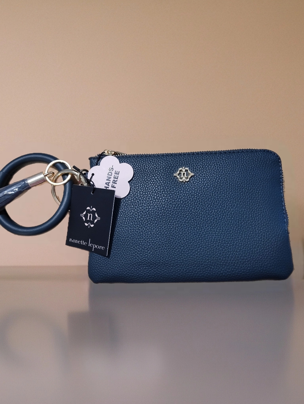 Nanette Lepore Deep Navy Pebbled Leather Wristlet with Keyring